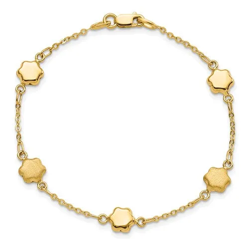 14K Yellow Gold Alternating Shiny and Matte Flower Link Bracelet