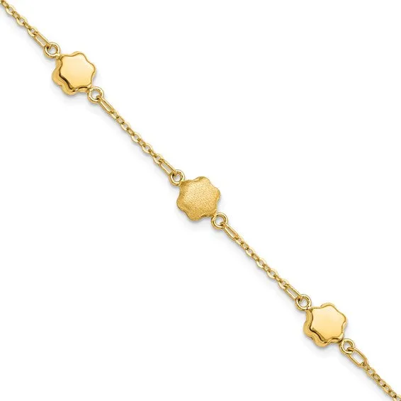 14K Yellow Gold Alternating Shiny and Matte Flower Link Bracelet