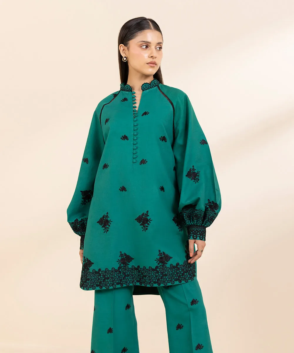 2 Piece - Embroidered Cotton Satin Suit