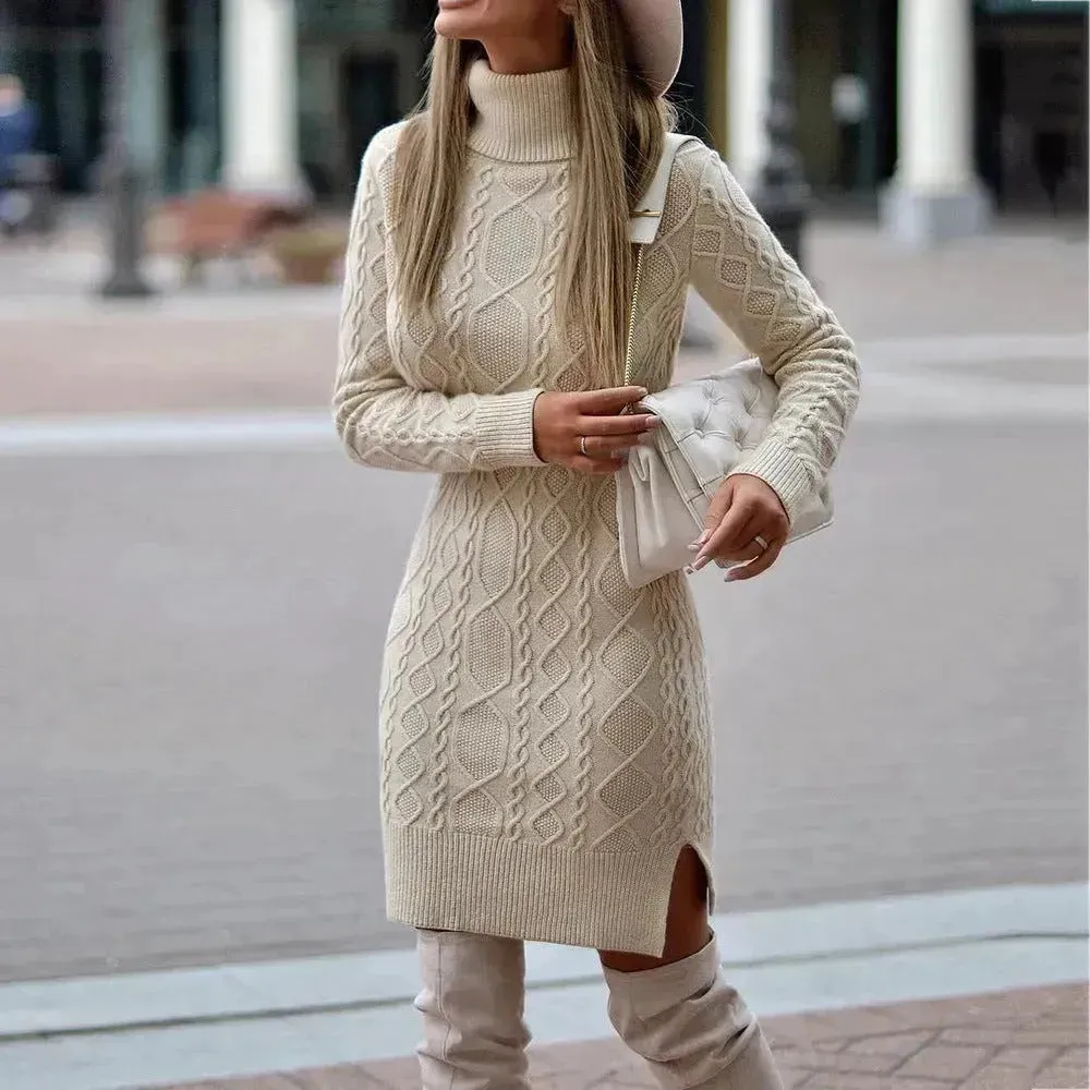 Autumn Winter Mini Slim fit Twist thick knitted Turtleneck sweater dress