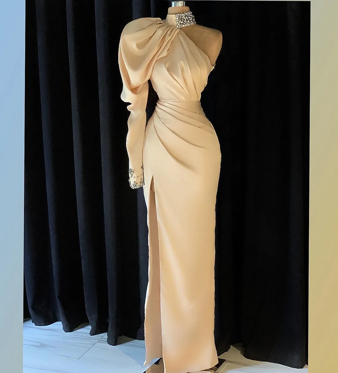 BELLA BEAUTIFUL HIGH NECK LONG SLEEVE CRYSTAL EVENING DRESS
