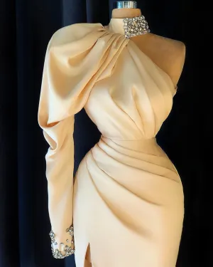 BELLA BEAUTIFUL HIGH NECK LONG SLEEVE CRYSTAL EVENING DRESS