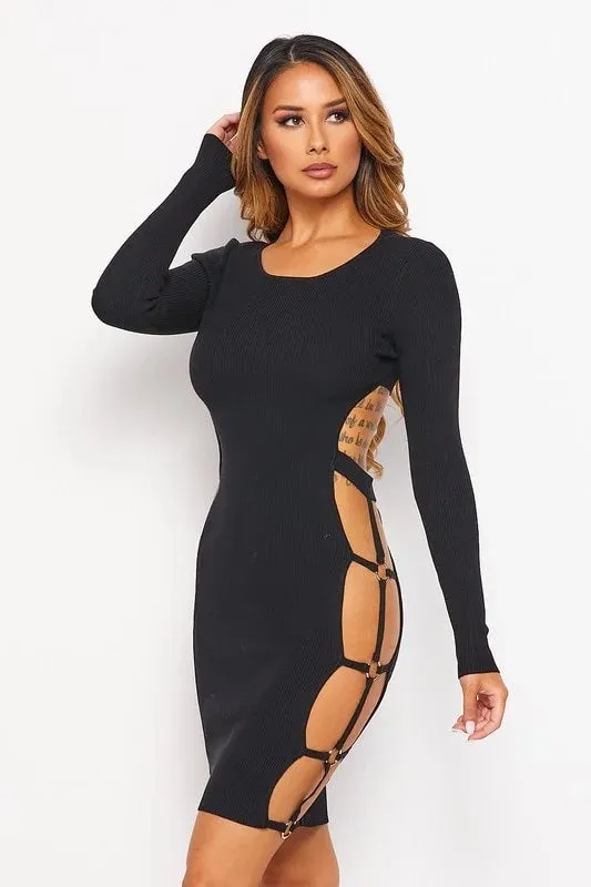 Caged Curves Side Wide Open Long Sleeve Dress