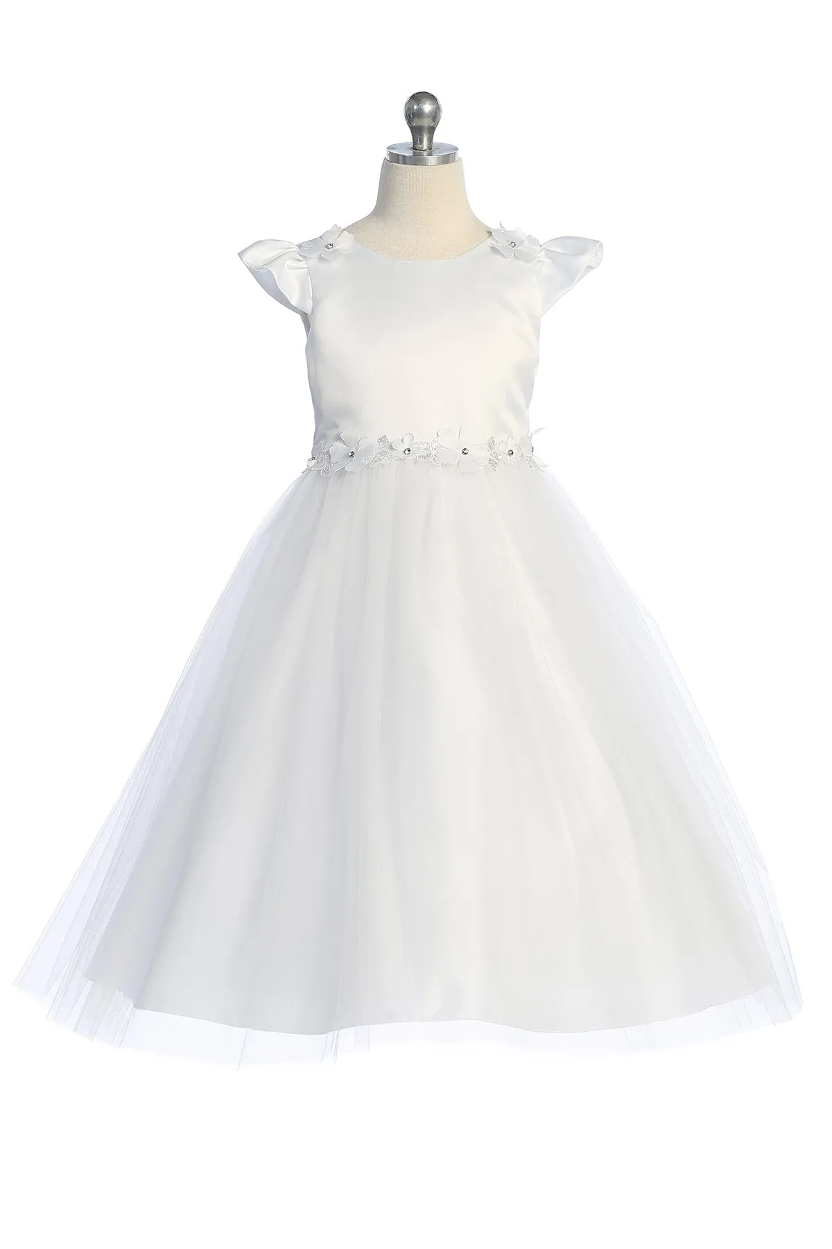 Capped Sleeve Satin & Tulle Girls Dress with Floral Trim
