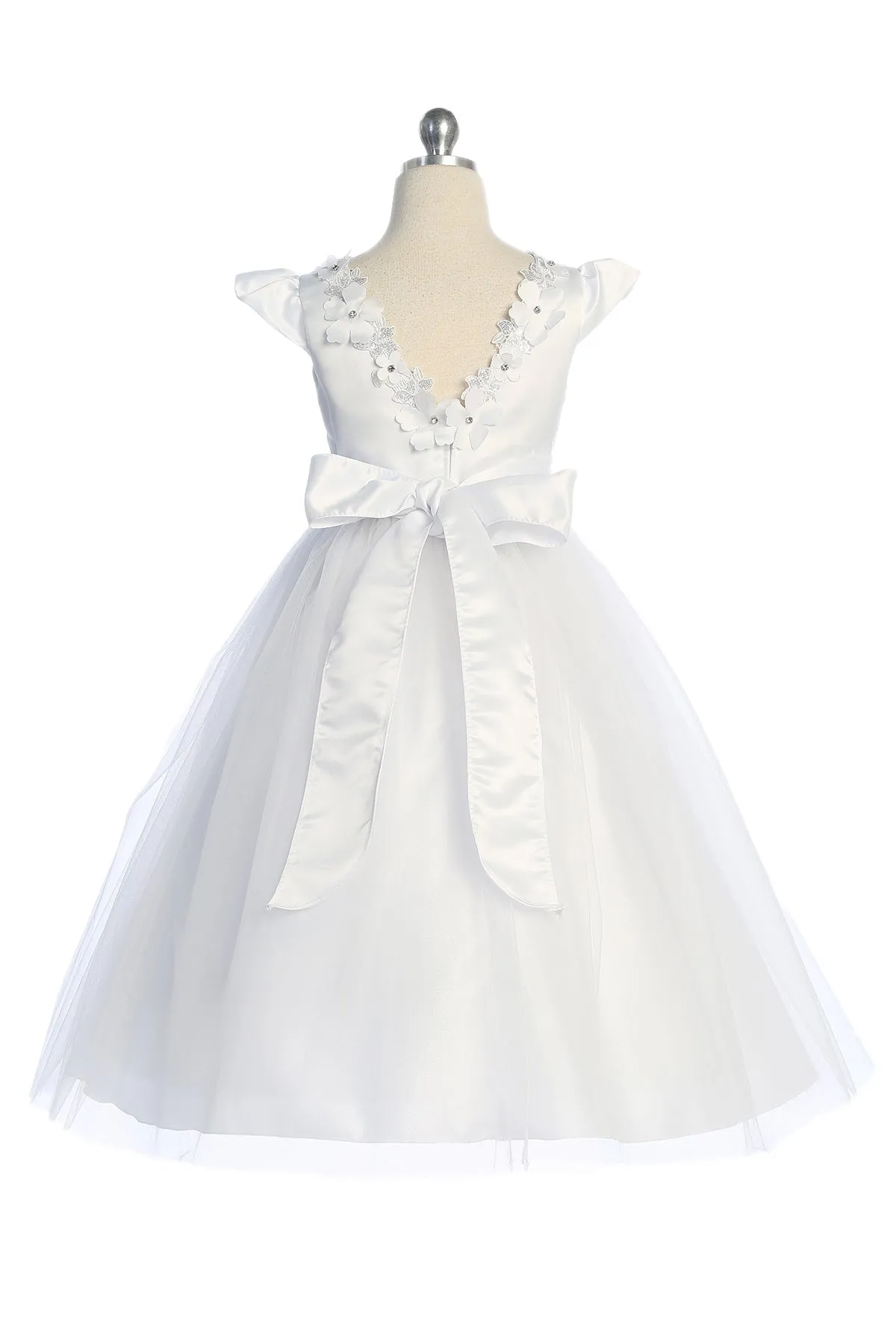 Capped Sleeve Satin & Tulle Girls Dress with Floral Trim