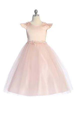 Capped Sleeve Satin & Tulle Girls Dress with Floral Trim