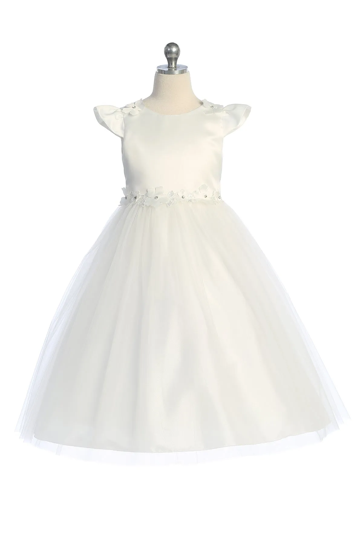 Capped Sleeve Satin & Tulle Girls Dress with Floral Trim