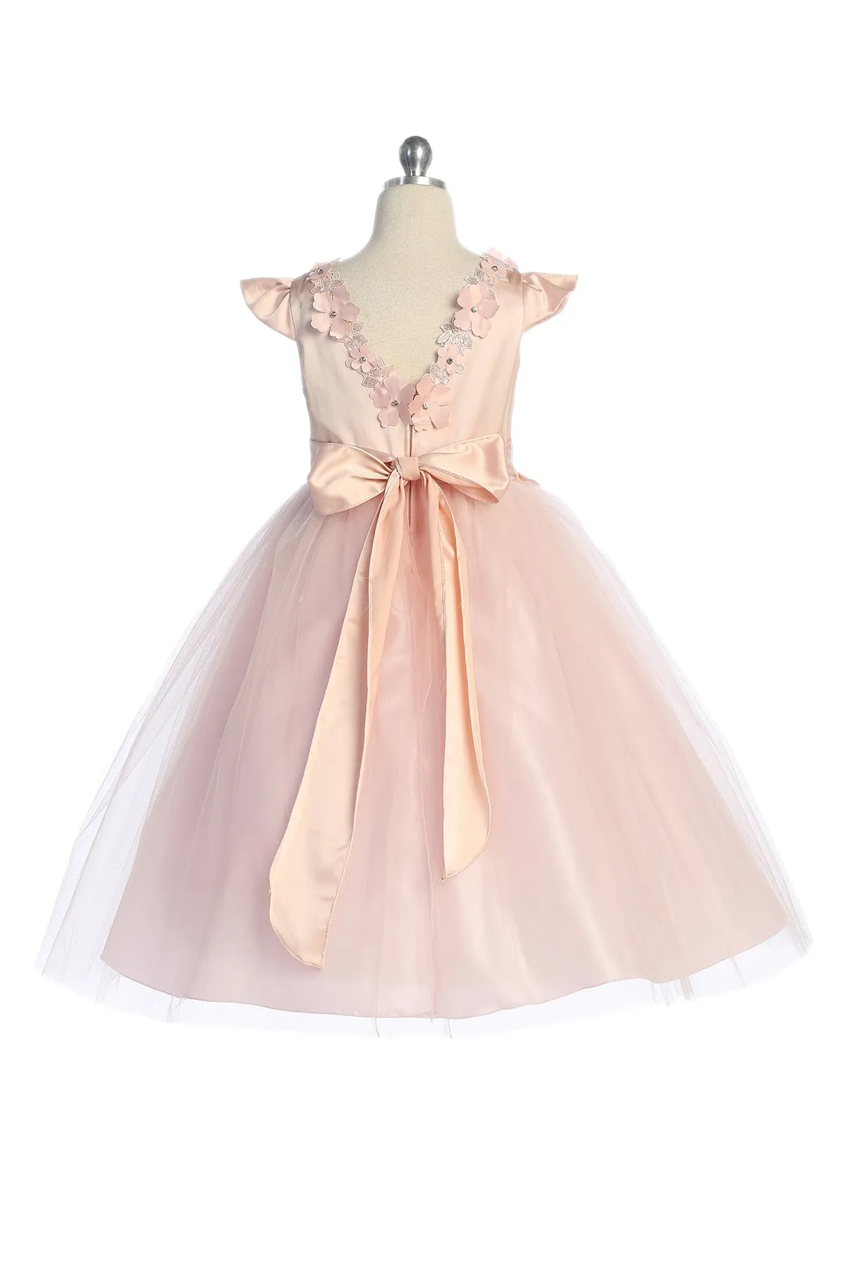 Capped Sleeve Satin & Tulle Girls Dress with Floral Trim