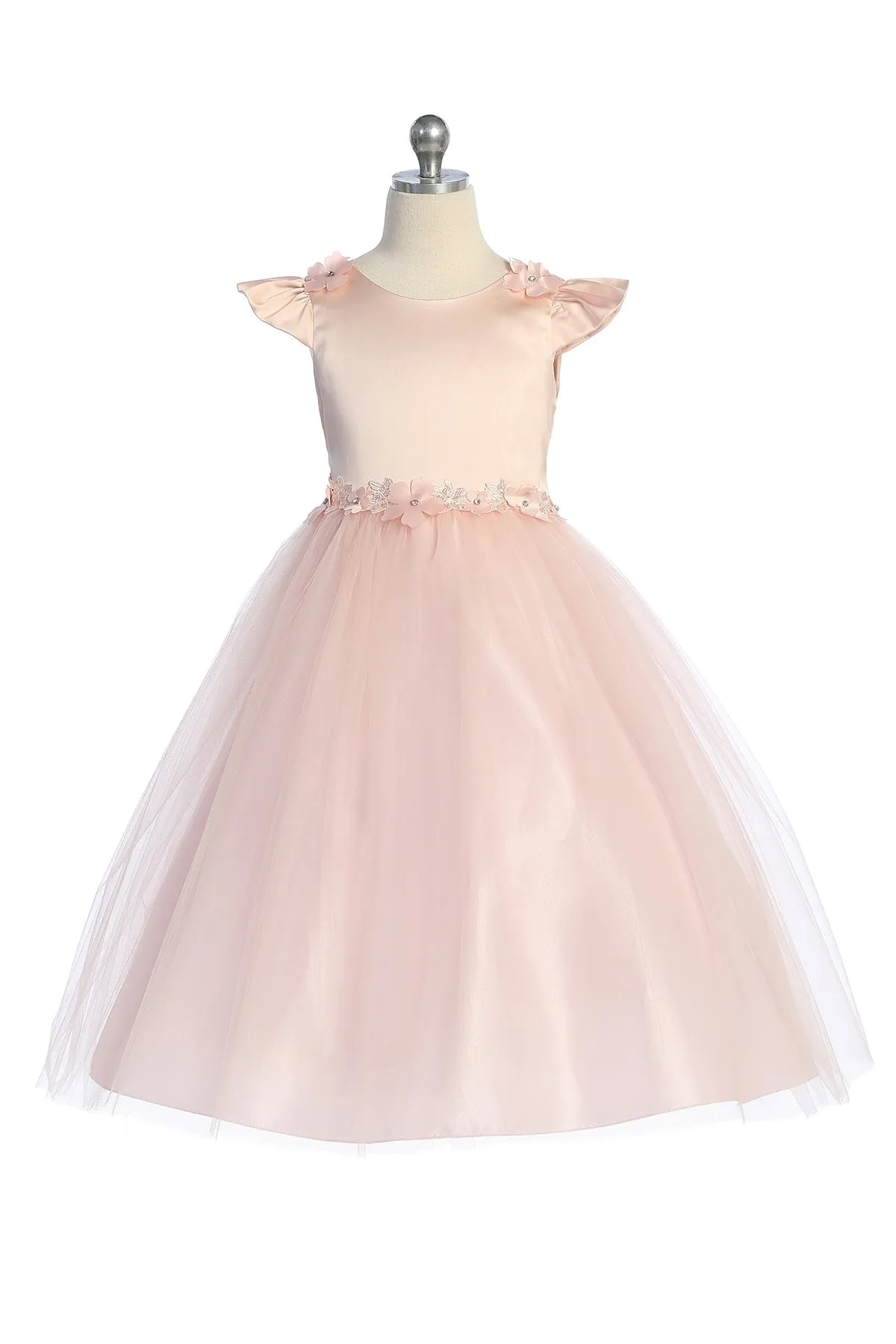 Capped Sleeve Satin & Tulle Girls Dress with Floral Trim