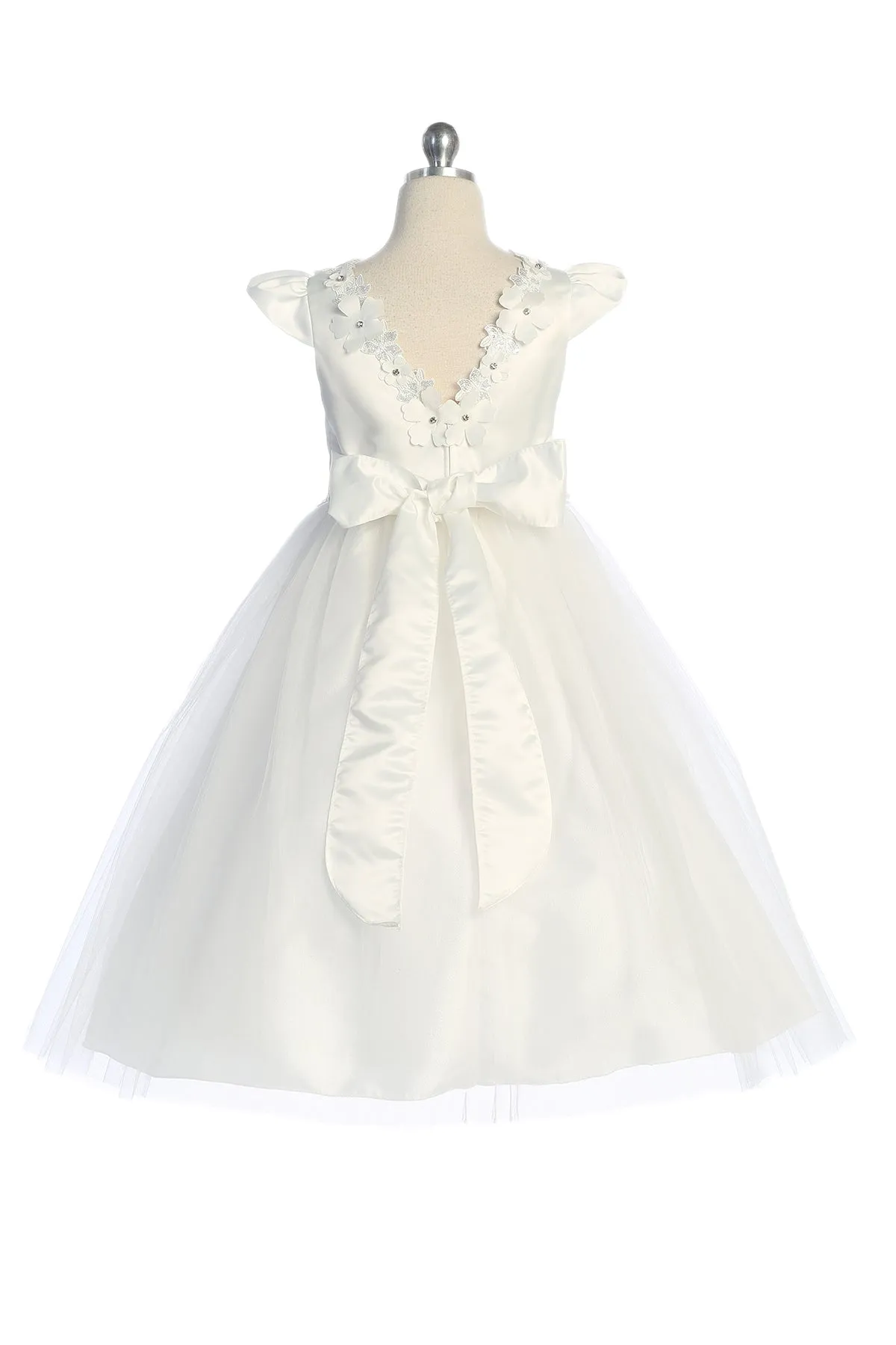 Capped Sleeve Satin & Tulle Girls Dress with Floral Trim