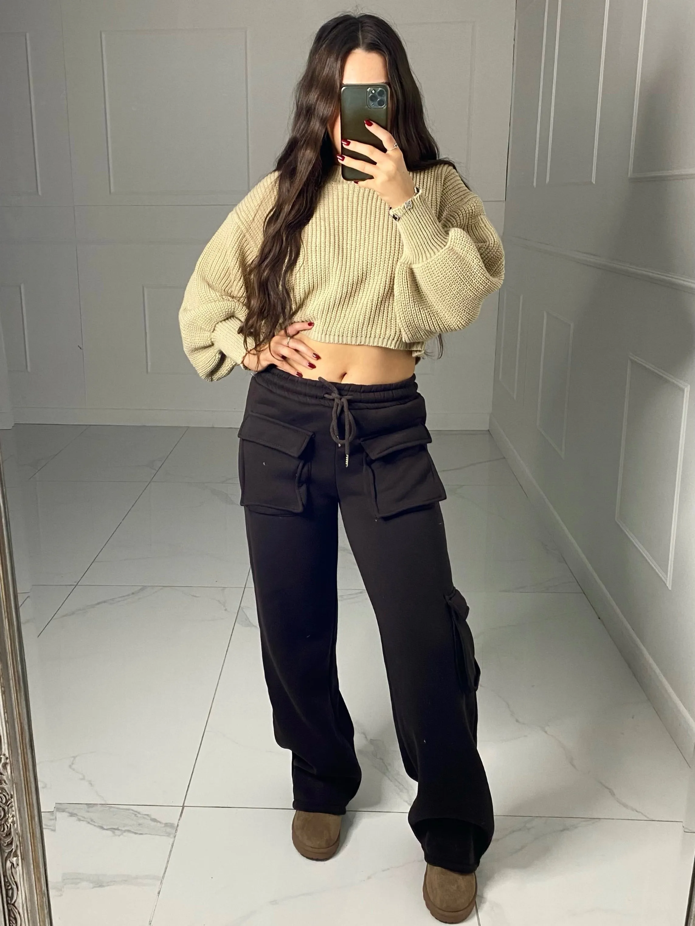 Cargo Pocket Detail Wide Leg Joggers - Chocolate