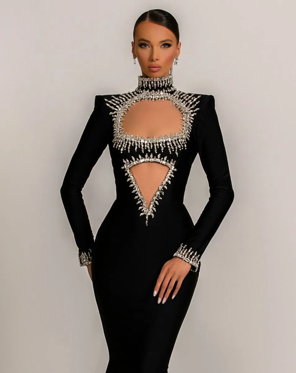 Celeste Elegant Long Sleeves Black Evening Dress
