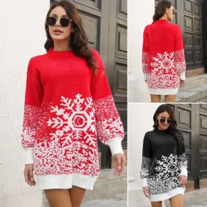 Christmas Snowflake Pullover Knitted Dress in Red and Black