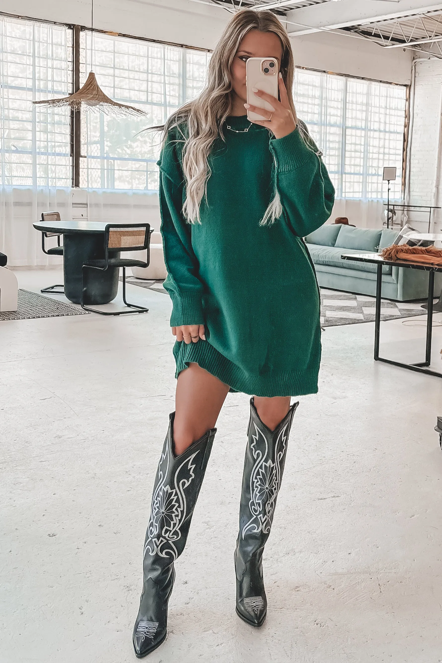 DEAL A Cabin Weekend Hunter Green Oversized Sweater Dress
