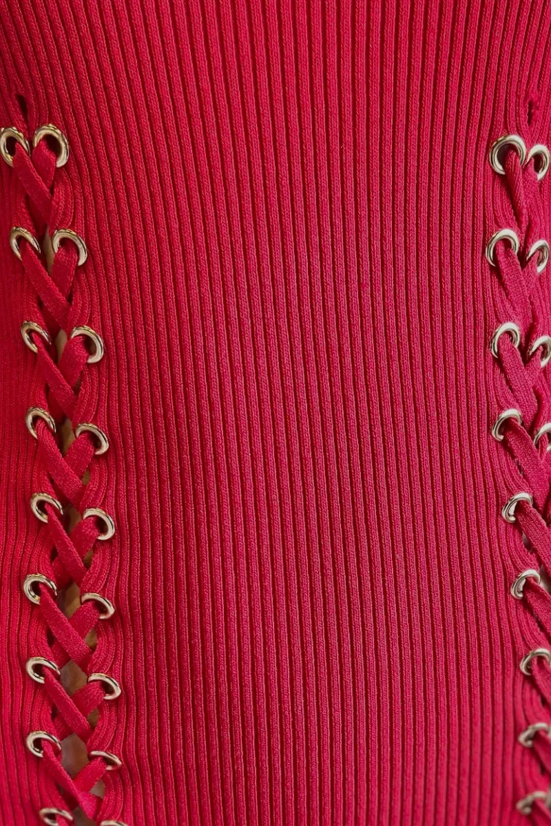 Double Lace Up Long Sleeve Ribbed Dress