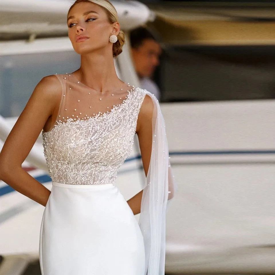 Elegant Mermaid Lace Sequins Beaded Wedding Dress  Bridal Gown With Cape