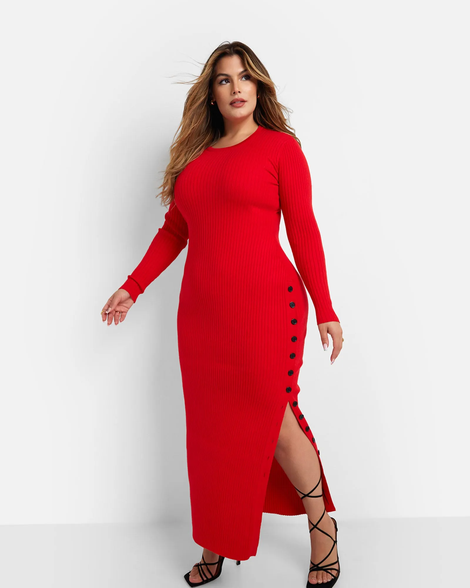 Elsie Knit Button Detail Maxi Bodycon Dress | Red