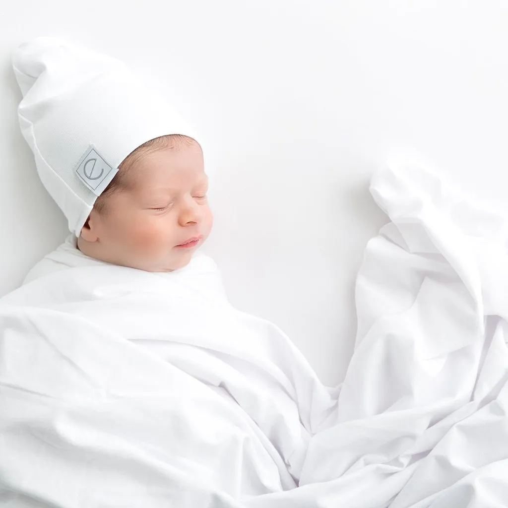 Ely's & Co White Jersey Knit Cotton Swaddle Blanket and Beanie Gift Set