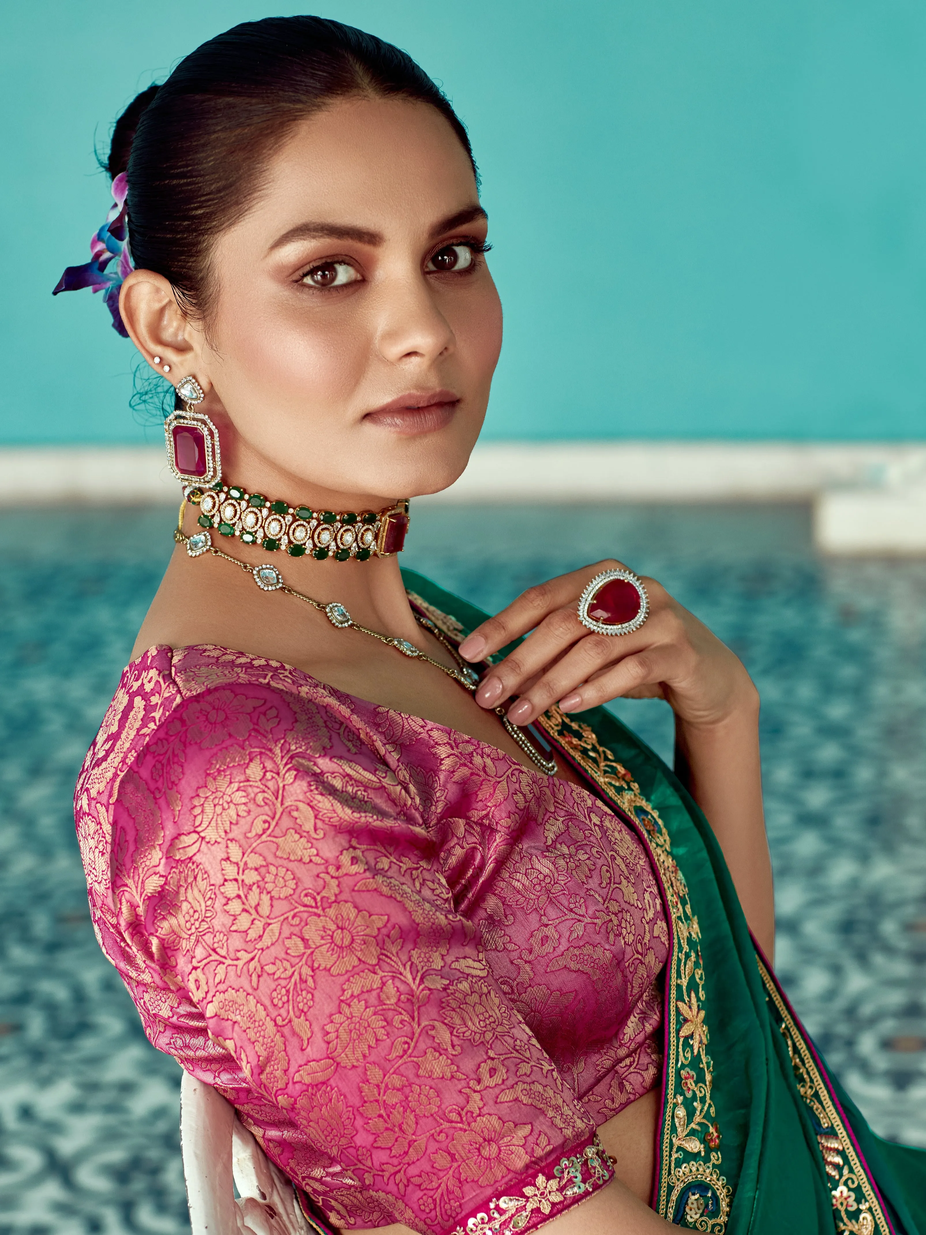 Emerald Green Organza Saree with Heavy Border