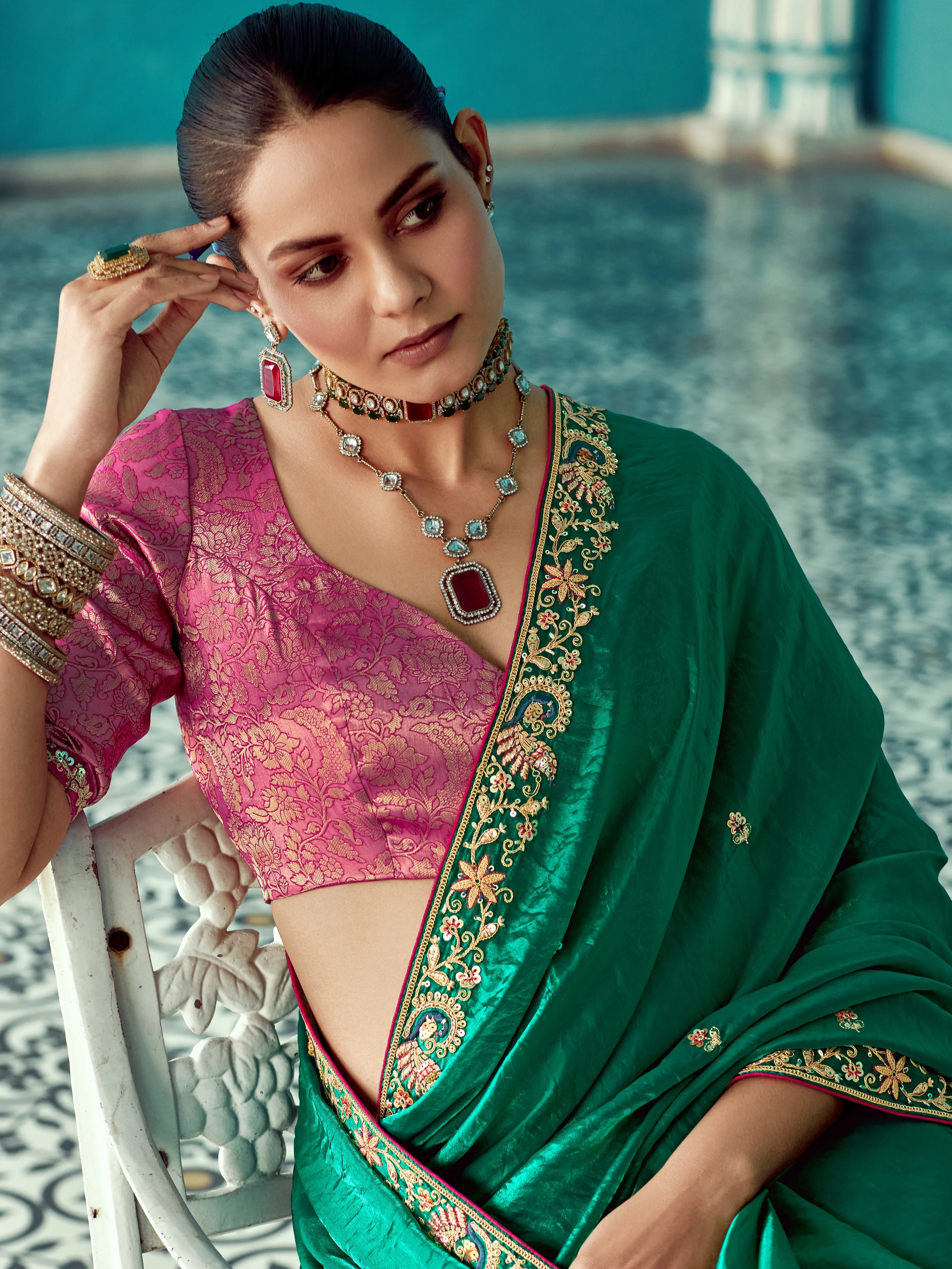 Emerald Green Organza Saree with Heavy Border