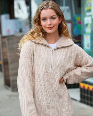 Feeling It Taupe Half Zip Collared Knit Sweater | Beige