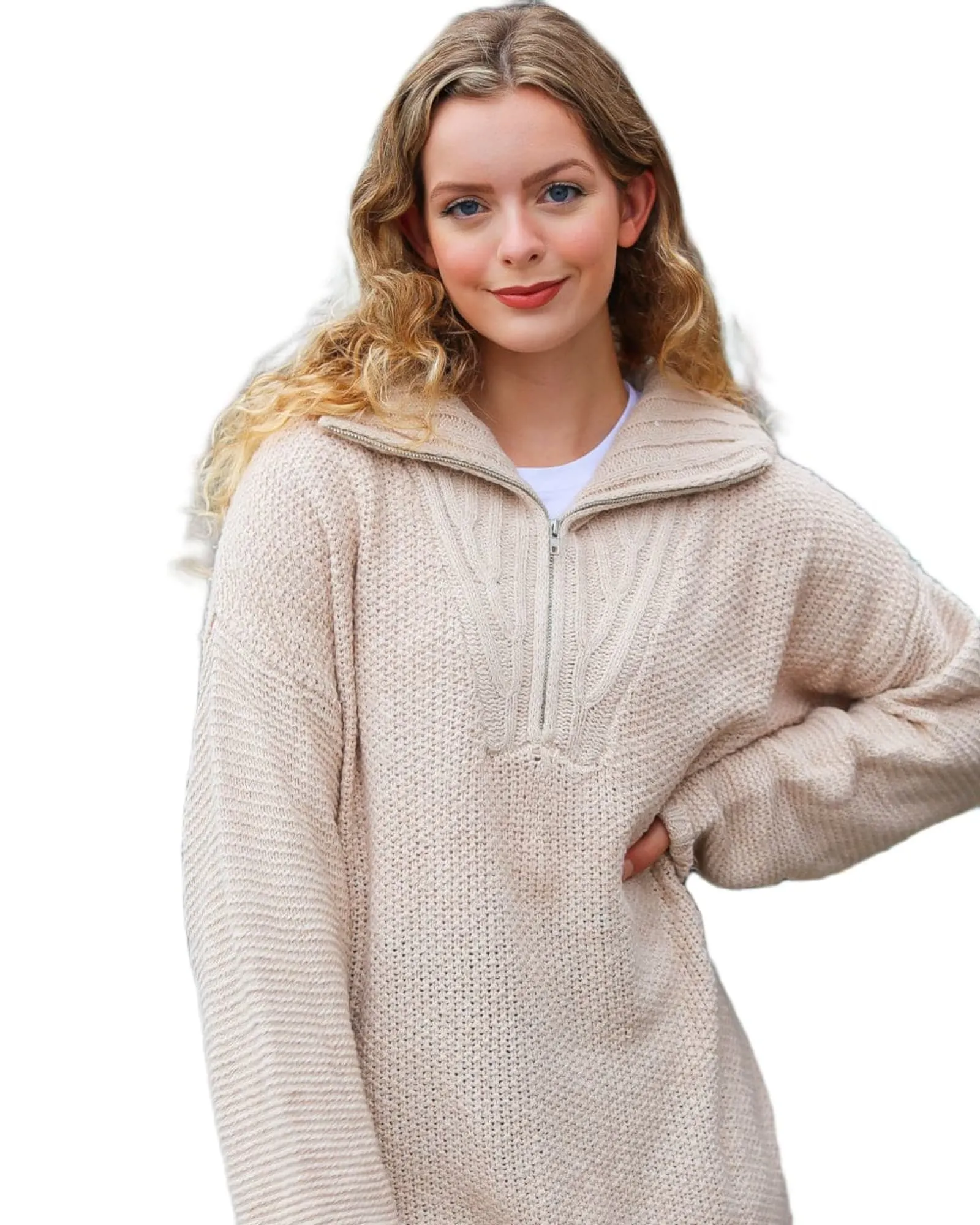 Feeling It Taupe Half Zip Collared Knit Sweater | Beige