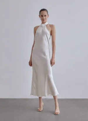 French Bow Halterneck Charming Silk Maxi Dress