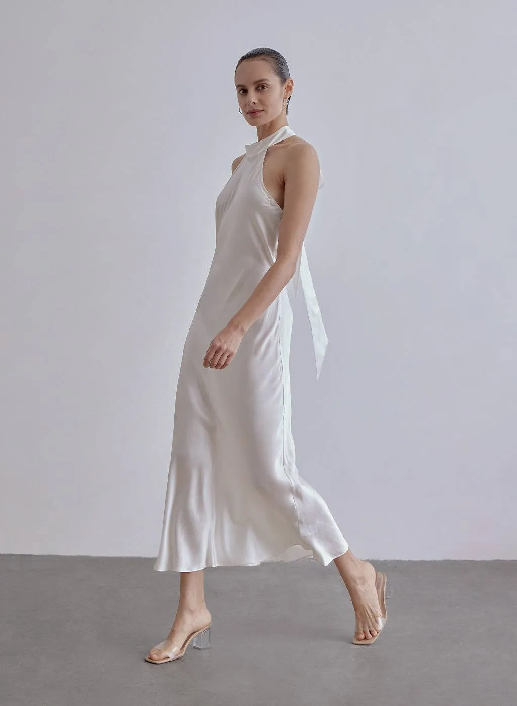 French Bow Halterneck Charming Silk Maxi Dress