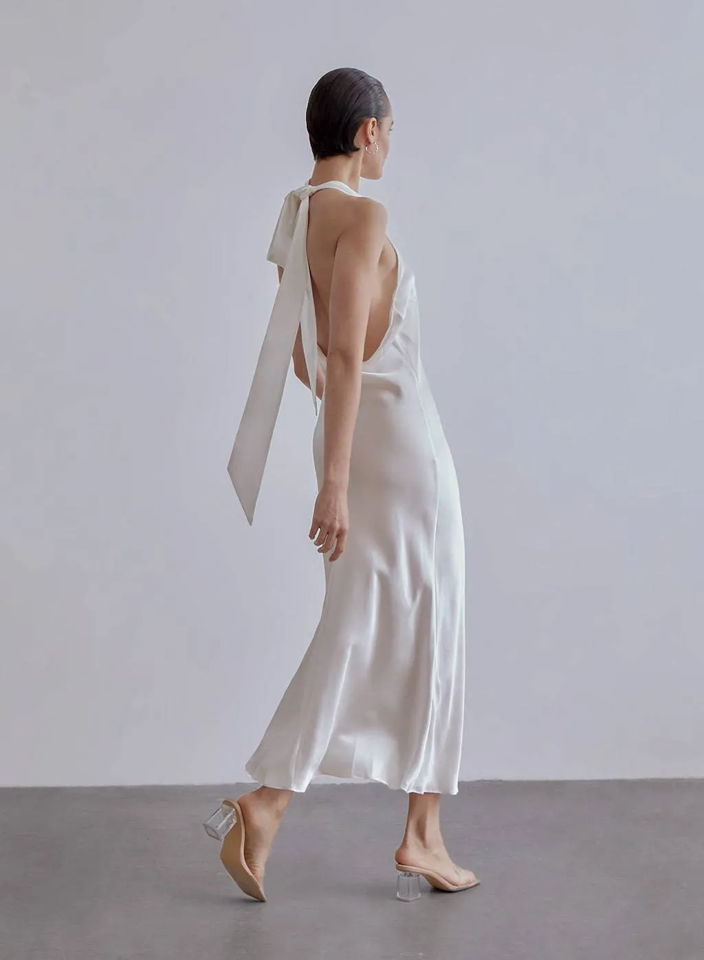 French Bow Halterneck Charming Silk Maxi Dress