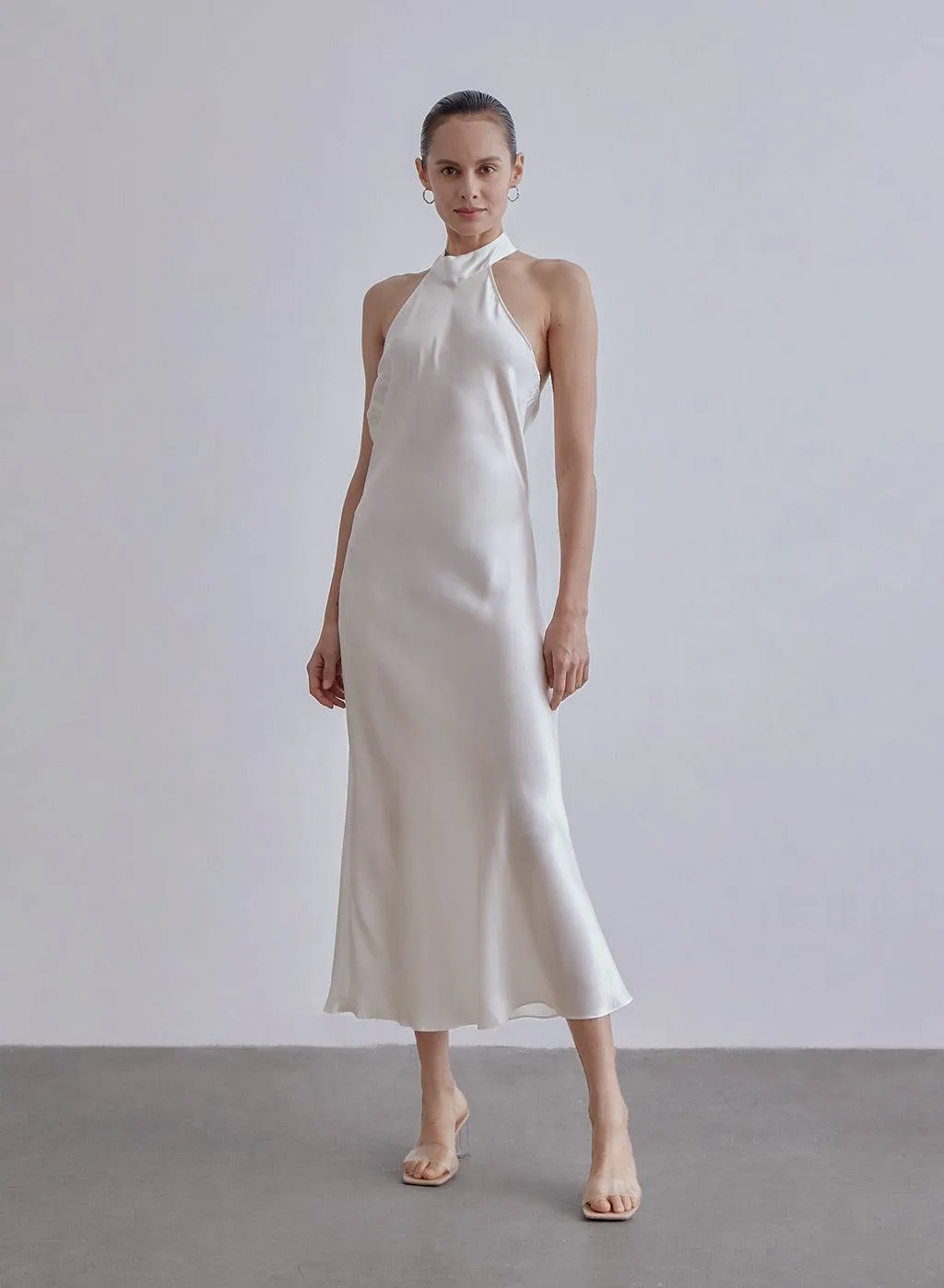 French Bow Halterneck Charming Silk Maxi Dress