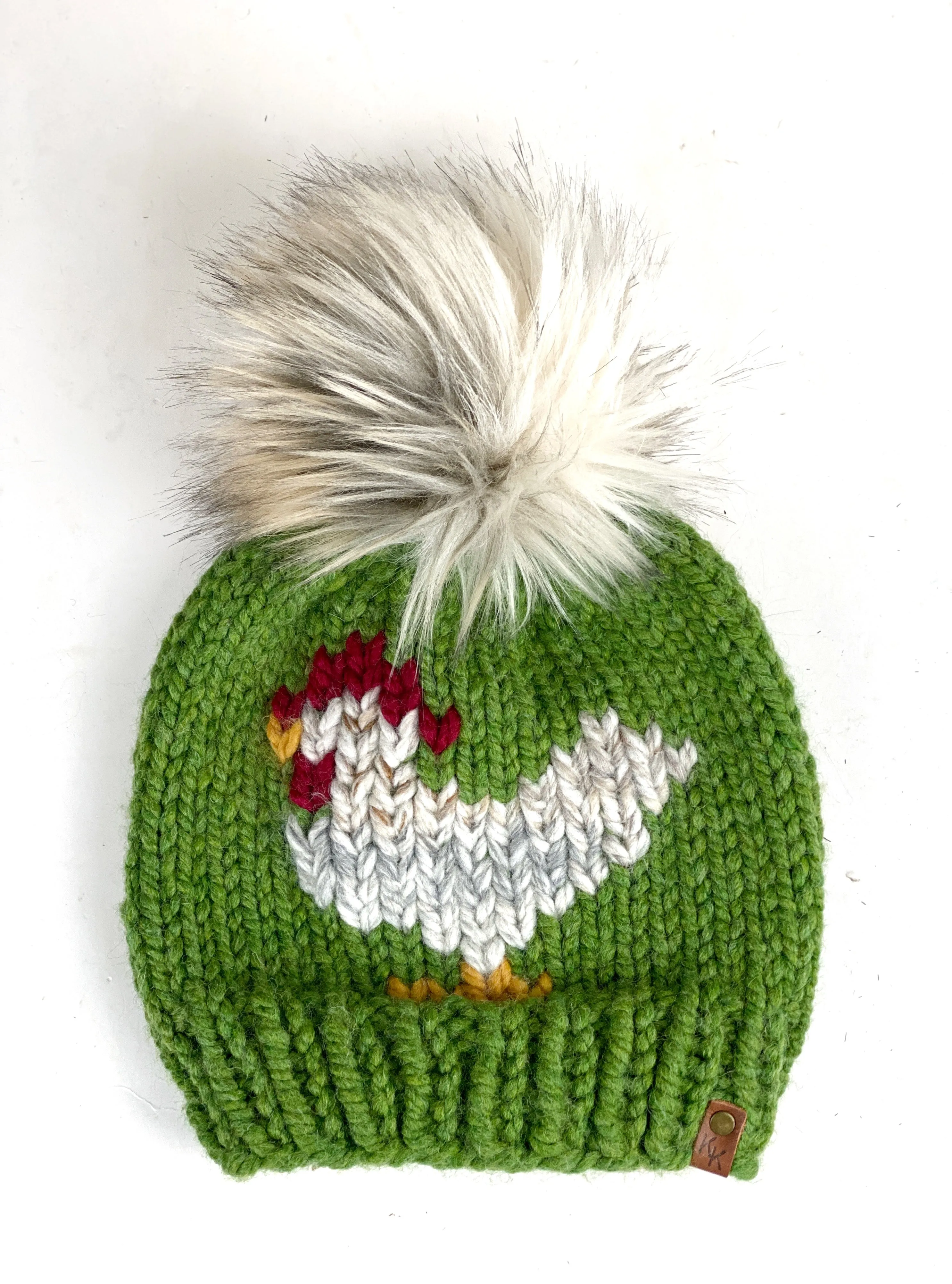 Grass Green Chicken Beanie Wool Blend Womens Adult Hat Faux Fur Pom Pom Hat