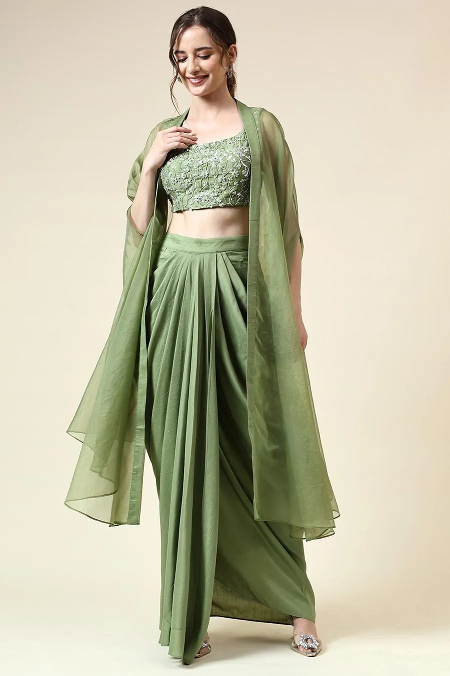 Green Embellished Top & Skirt Set With Cape