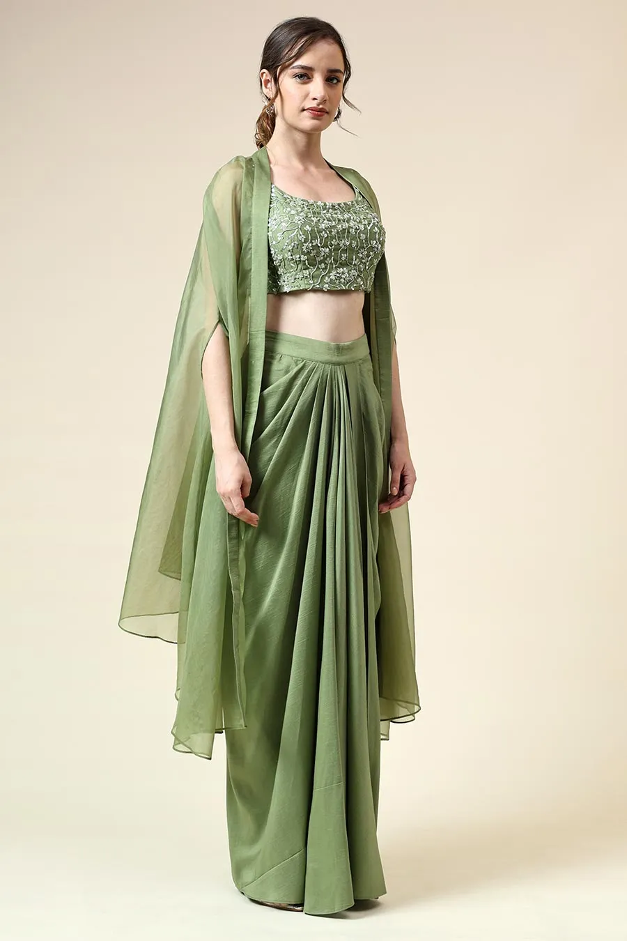 Green Embellished Top & Skirt Set With Cape