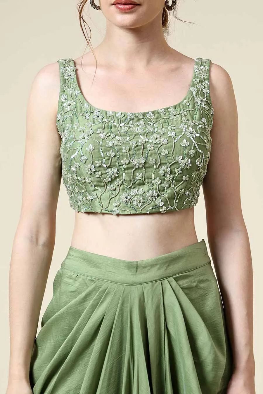 Green Embellished Top & Skirt Set With Cape
