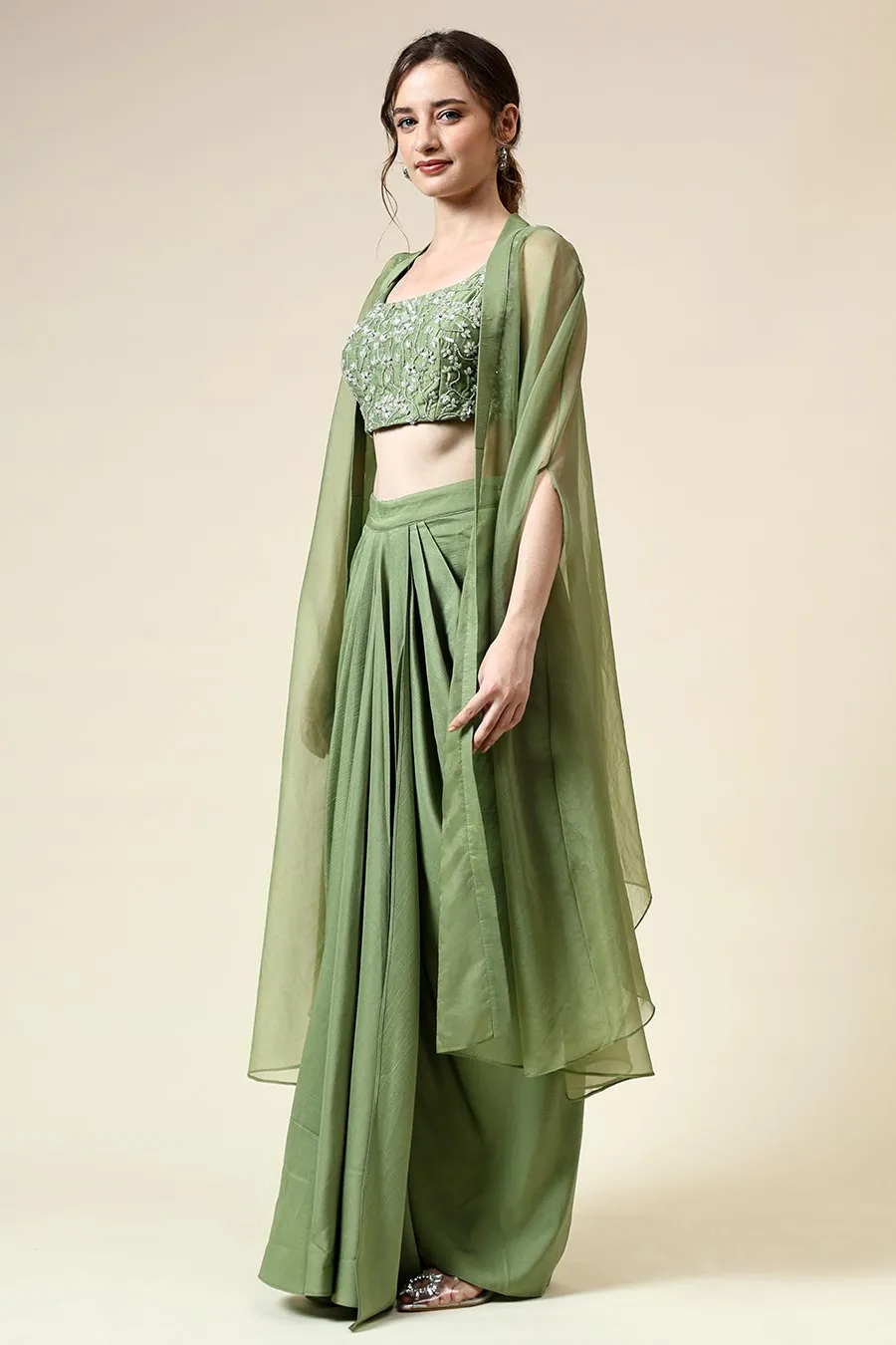 Green Embellished Top & Skirt Set With Cape