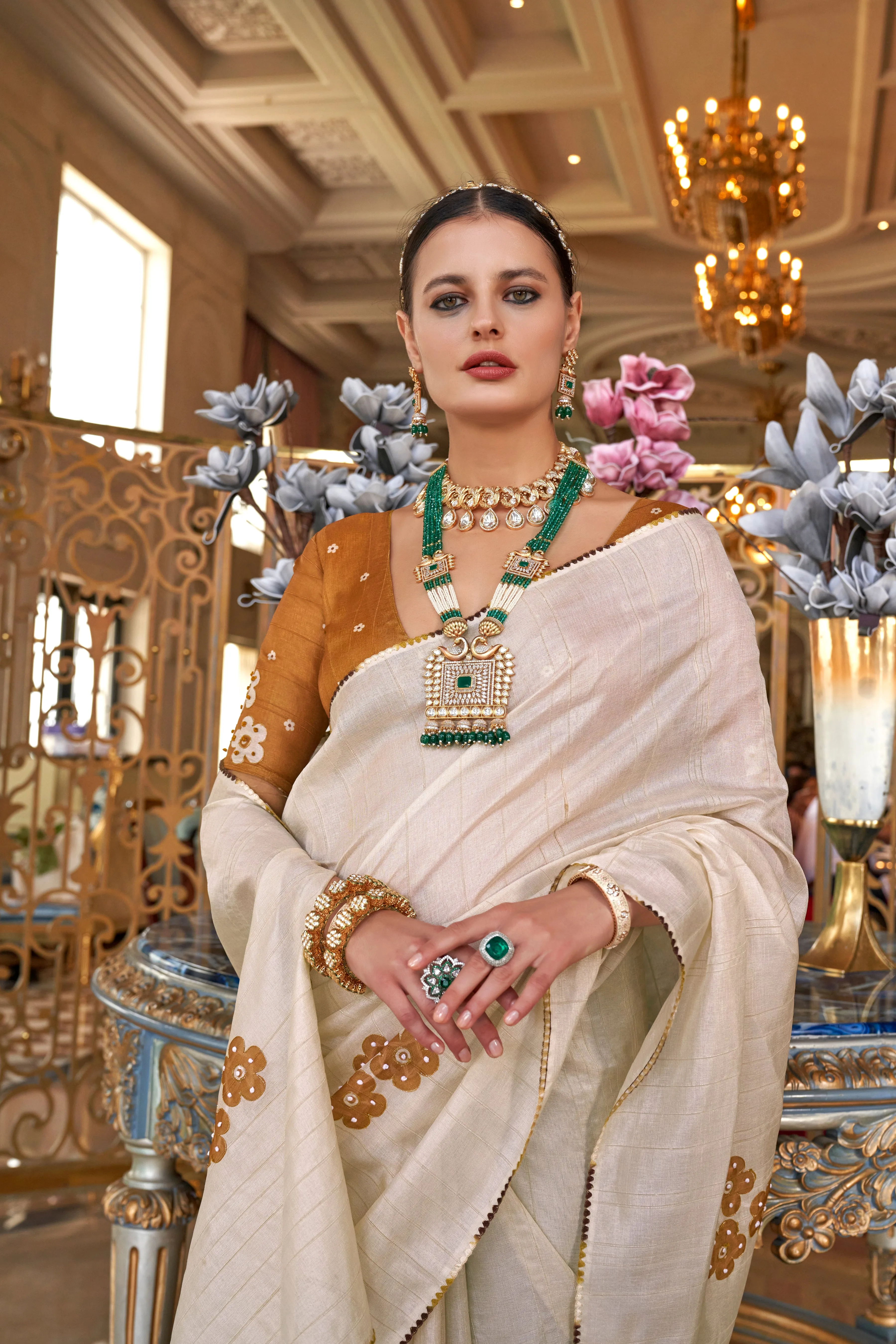 Ivory & Gold Tussar Silk Saree with Hand-Touched Work