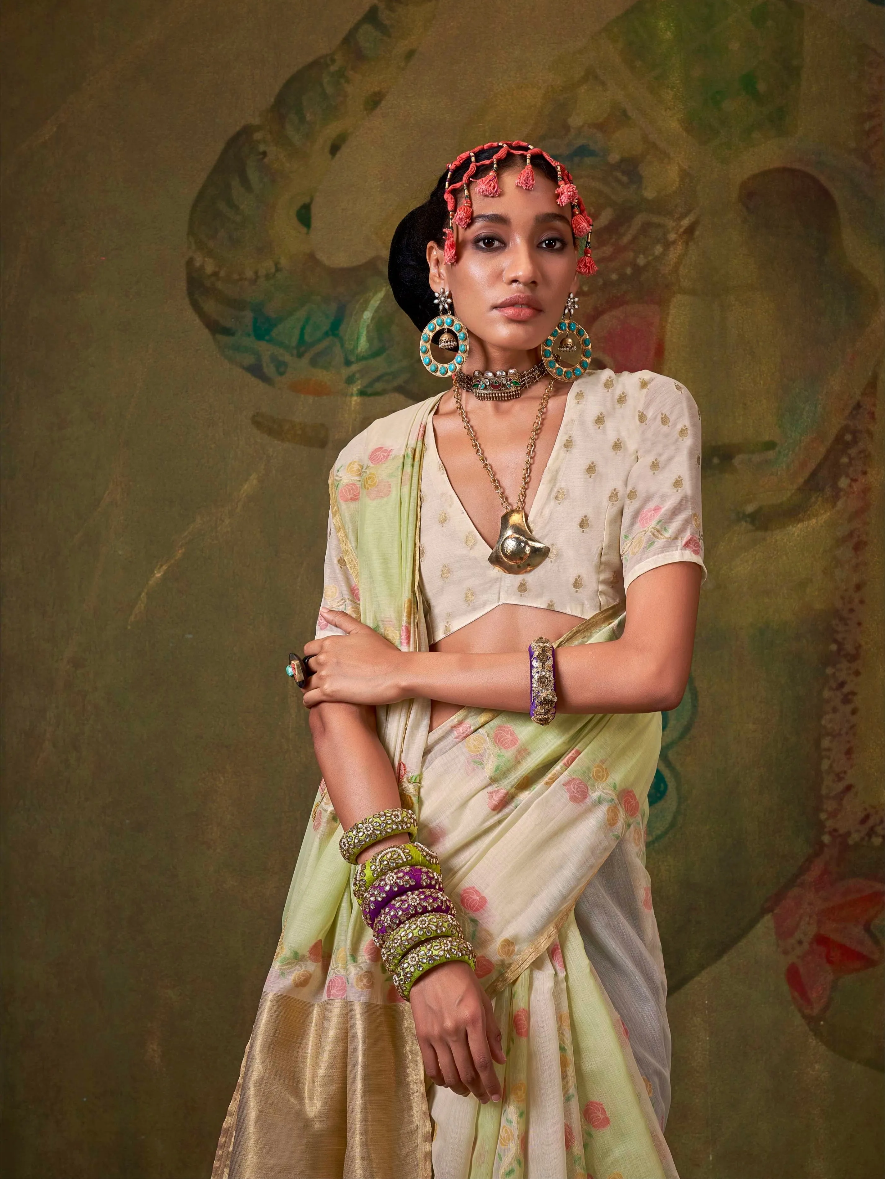 Ivory & Light Green Spun Rangkaat Weaving Silk Saree