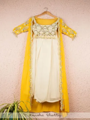 Ivory Pleated Palazzo-Blouse With Yellow Cape (Set of 3)