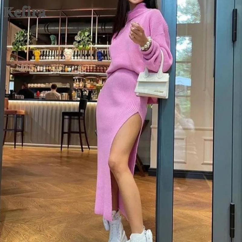 Joskaa Christmas Gift Kefira Women Sweater Dress Set 2024 Winter Knitted Two Piece Set Long Sleeve Loose Turtleneck Sweater Top And Split Long Skirt