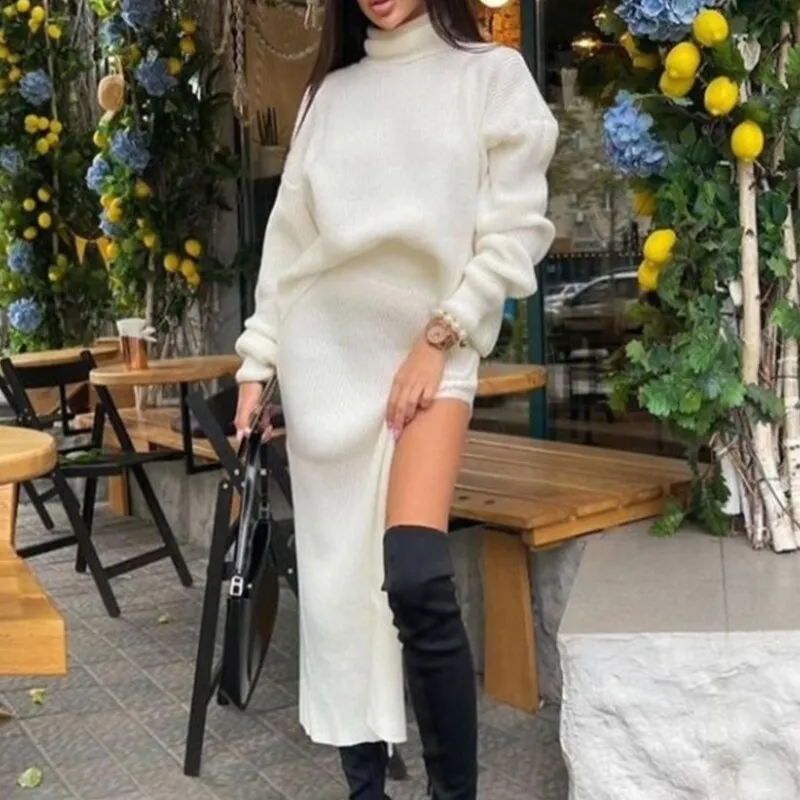 Joskaa Christmas Gift Kefira Women Sweater Dress Set 2024 Winter Knitted Two Piece Set Long Sleeve Loose Turtleneck Sweater Top And Split Long Skirt