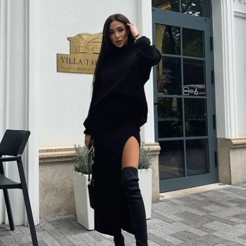 Joskaa Christmas Gift Kefira Women Sweater Dress Set 2024 Winter Knitted Two Piece Set Long Sleeve Loose Turtleneck Sweater Top And Split Long Skirt