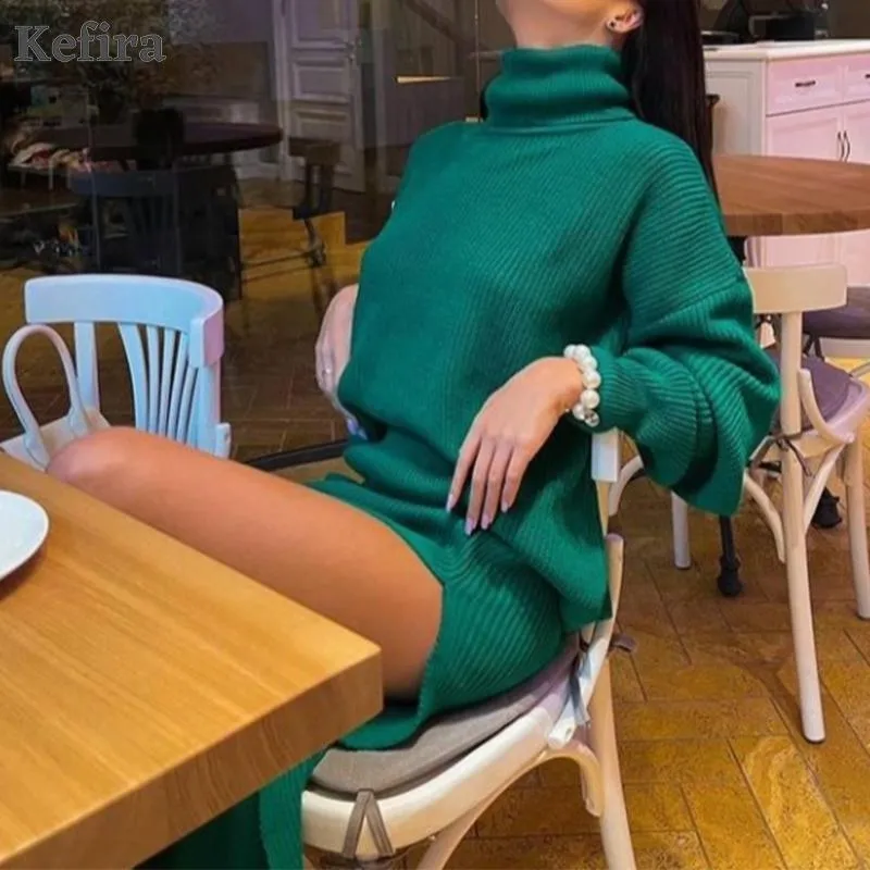 Joskaa Christmas Gift Kefira Women Sweater Dress Set 2024 Winter Knitted Two Piece Set Long Sleeve Loose Turtleneck Sweater Top And Split Long Skirt