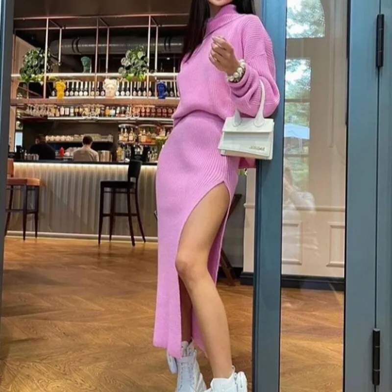 Joskaa Christmas Gift Kefira Women Sweater Dress Set 2024 Winter Knitted Two Piece Set Long Sleeve Loose Turtleneck Sweater Top And Split Long Skirt