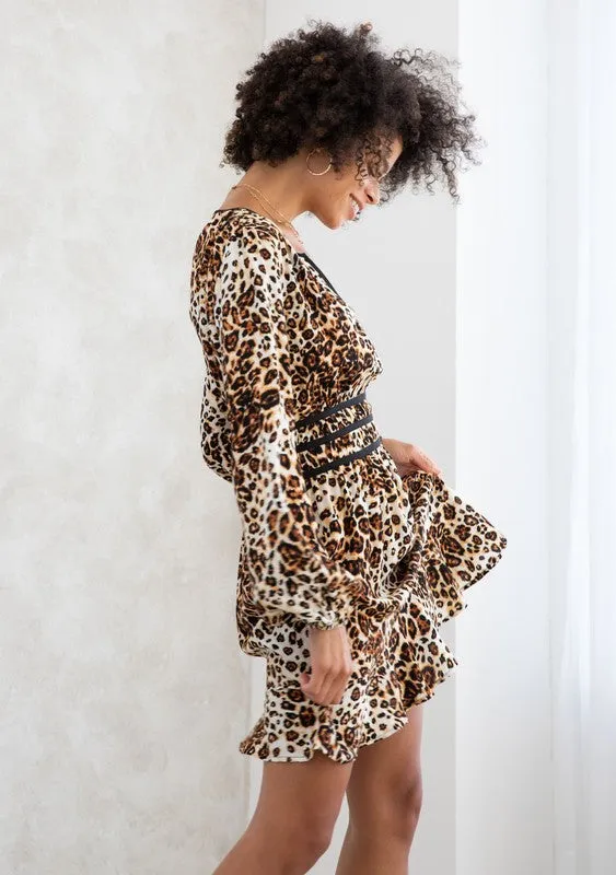 Leopard Print Long Sleeve Peasant Mini Dress