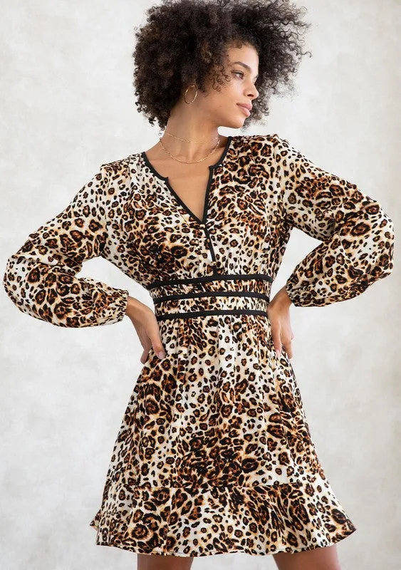 Leopard Print Long Sleeve Peasant Mini Dress
