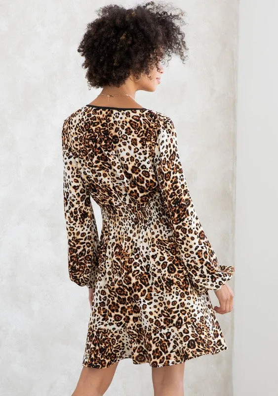 Leopard Print Long Sleeve Peasant Mini Dress