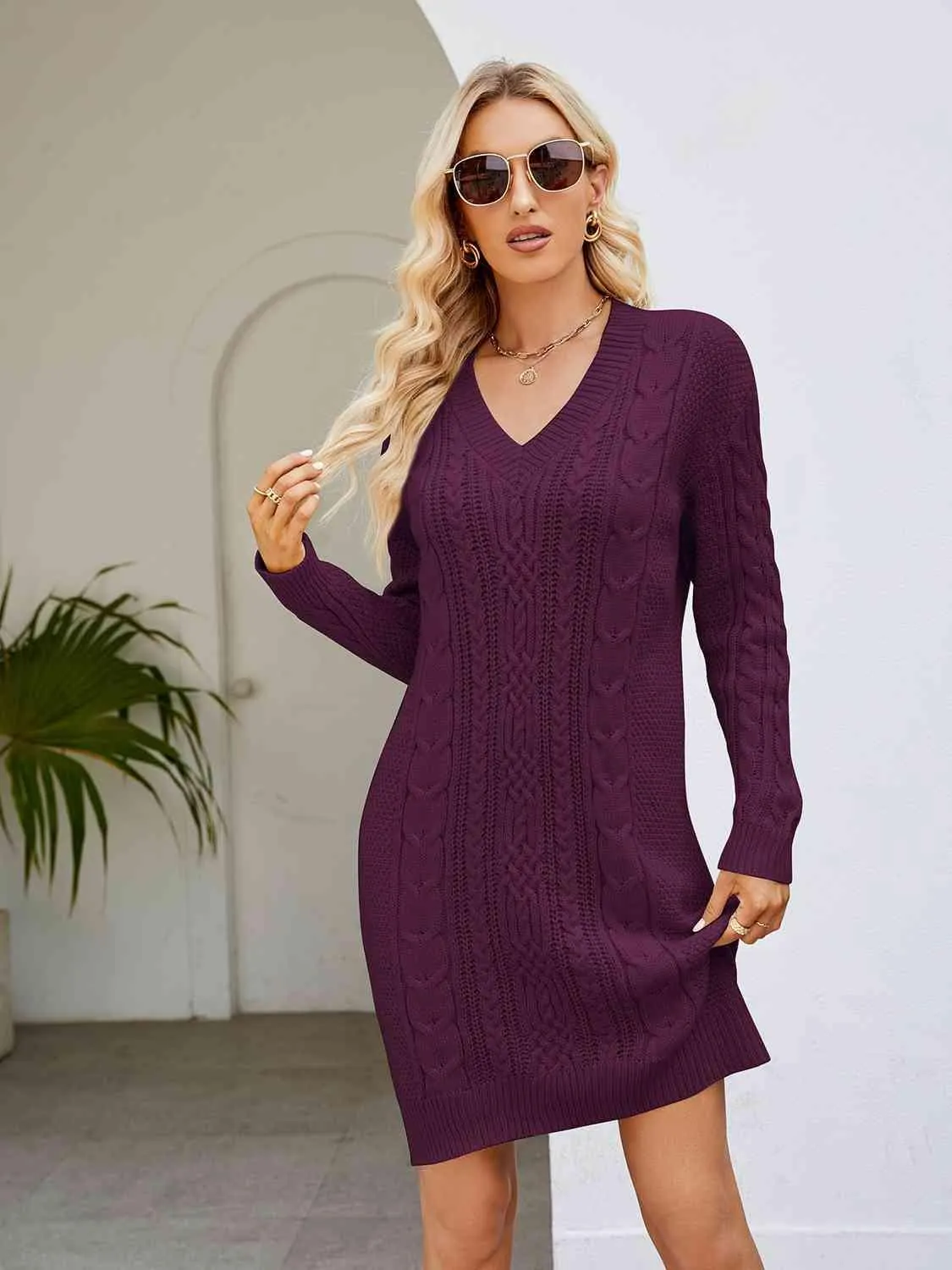 Low Temp Chic V Neck Cable Knit Sweater Dress