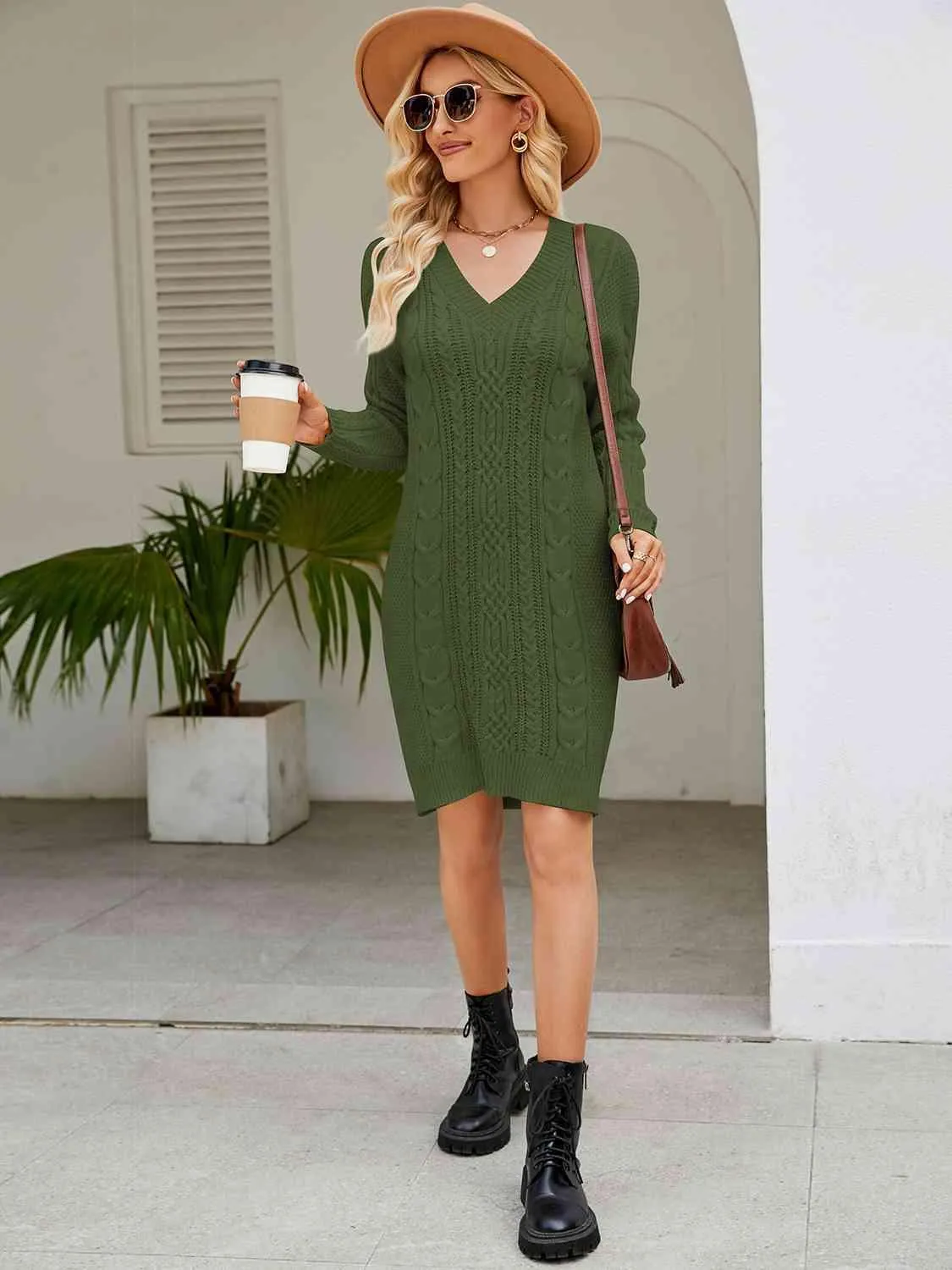 Low Temp Chic V Neck Cable Knit Sweater Dress