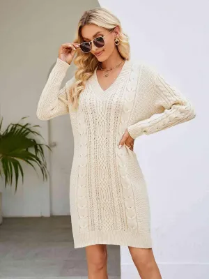 Low Temp Chic V Neck Cable Knit Sweater Dress