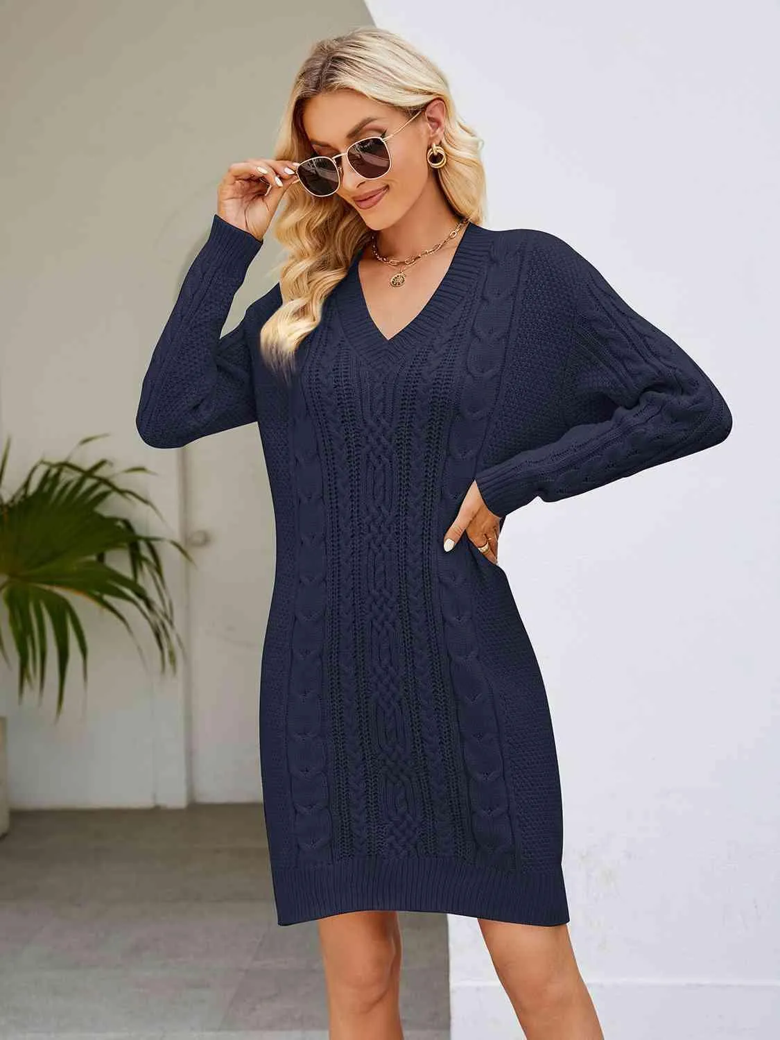 Low Temp Chic V Neck Cable Knit Sweater Dress